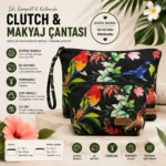 Tropikal kuş desenli clutch ve makyaj çantası 2'li set