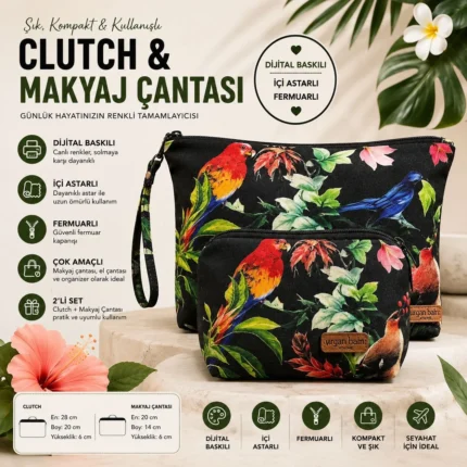 Tropikal kuş desenli clutch ve makyaj çantası 2'li set