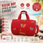 Kelebek desenli kırmızı pamuk kanvas küçük boy spor ve seyahat çantası