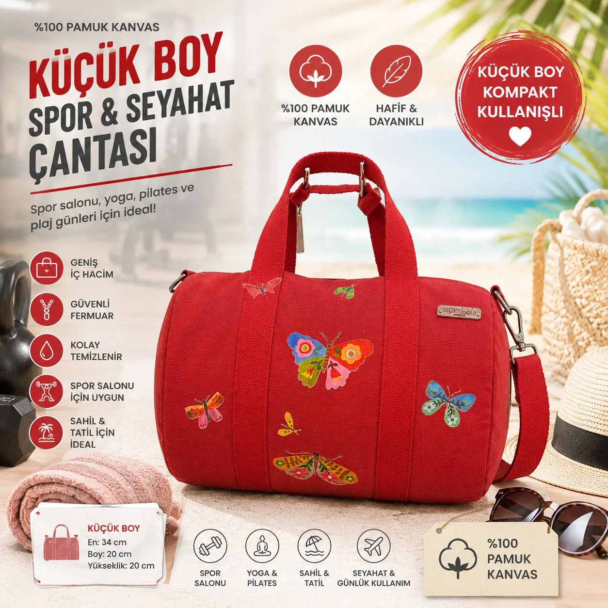 Küçük Boy Spor & Seyahat Çantası — Kırmızı, Kelebek Desenli Kelebek desenli kırmızı pamuk kanvas küçük boy spor ve seyahat çantası